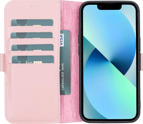 Apple iPhone 13 Uyumlu Deri Cüzdanlı Kılıf Toz Pembe