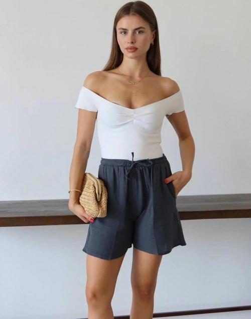 Müslin kumaş şort bağcıklı antrasit pt