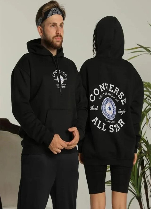 Unisex Oversize Üç İplik Şardonlu Kapüşonlu Sweatshirt – All Star Ön Ve Arka Baskılı, Kanguru Cepli,
