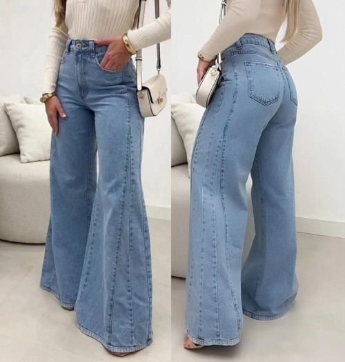 Kadın Yüksek Bel Paçaya Doğru Geniş Kesimli Kot Pantolon