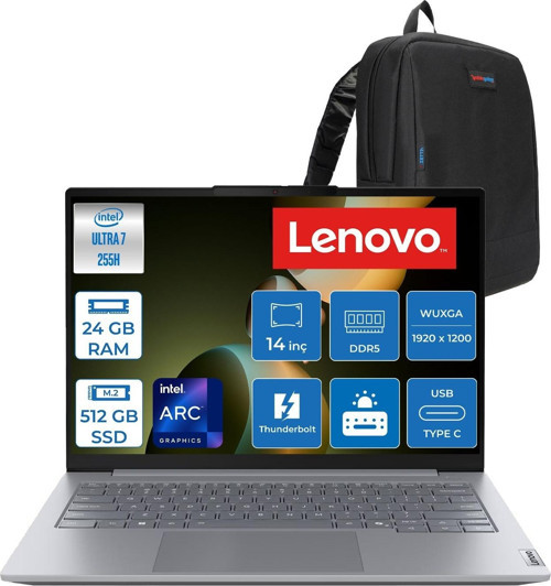 Thinkbook 14 Gen8 Ial Intel Core Ultra 7 255H 5.1ghz 24GB Ddr5 512GB SSD Freedos Intel Arc 140T 14 Inç Wuxga (1920 x 1200) IPS 300NITS Taşınabilir Bilgisayar 21SJ007ATXF09 + Zetta Çanta
