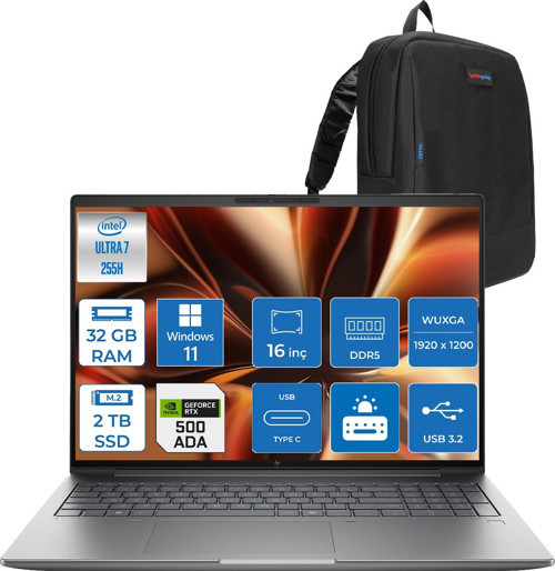 Zbook Power Zx 16 G1I Intel Ultra 7 255H 32GB Ddr5 2tb SSD 6GB/RTXPRO500 16" Wuxga IPS Windows 11 Pro Taşınabilir Bilgisayar B30HMESP11 + Zettaçanta
