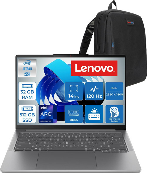 Ideapad Pro 5 Intel Ultra 5 225H 32GB 512GB SSD Intel Arc 130T Gpu 14" 2.8k (2880X1800) OLED 1100NITS 120hz Windows 11 Home Taşınabilir Bilgisayar 83JK002BTRH09 + Zettaçanta