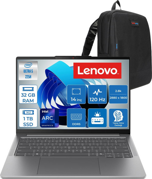 Ideapad Pro 5 Intel Ultra 5 225H 32GB 1tb SSD Intel Arc 130T Gpu 14" 2.8k (2880X1800) OLED 1100NITS 120hz Windows 11 Pro Taşınabilir Bilgisayar 83JK002BTRP10 + Zettaçanta