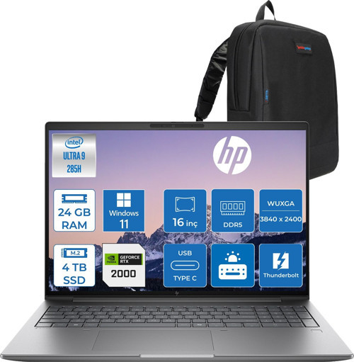 Zbook x G1I Ultra 9 285H 24GB Ddr5 4tb SSD 8GB/RTXPRO2000 16" Wuxga Düşük Mavi Işık 300NIT %100 Srgb Windows 11 Pro Taşınabilir Iş Istasyonu CT0X0ESP08 + Zettaçanta