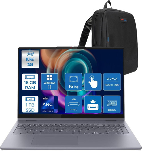 Ideapad 5 2-In-1 16AIL10 Intel Core Ultra 7 255H Aı 16GB 1tb SSD 16" Wuxga IPS 300NITS Intel® Arc™ 140T WIN11HOME Dokunmatik +Digital Pen2 Taşınabilir Bil 83KS002ATRH03+ZETTAÇANTA