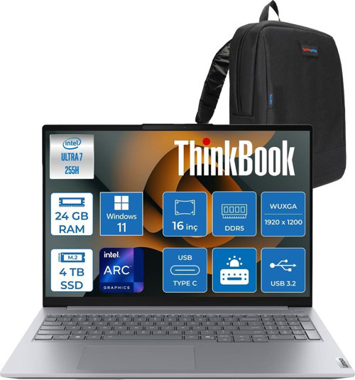 Thinkbook 16 Gen 8 Ial Intel Core Ultra 7 255H 24GB Ddr5 4tb SSD Windows 11 Pro Intel Arc 140T 16 Inç Wuxga (1920 x 1200) IPS 300NITS Taşınabilir Bilgisayar 21SK007UTXP12 + Zetta Çanta