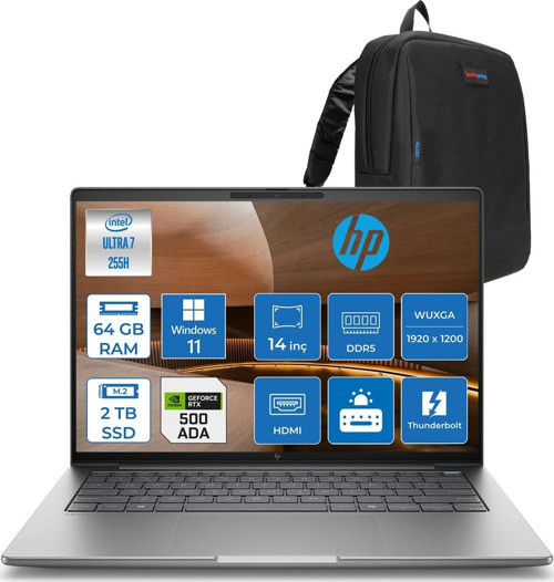 Zbook 8 G1I Ultra 7 255H 64GB Ddr5 2tb SSD 4GB/RTXA500 14" Wuxga IPS 400NITS 100% Srgb Windows 11 Pro Taşınabilir Iş Istasyonu A3ZW7ETP23 + Zettaçanta