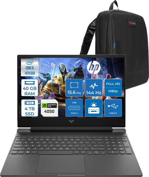 Victus 15-WFA2023NT Intel Core I5 14450HX 40GB Ddr5 4tb SSD RTX4050 6gb 15.6" IPS Fhd (1920 x 1080) 144HZ 300NIT Freedos Taşınabilir Bilgisayar BY2K1EAF20 + Zetta Çanta