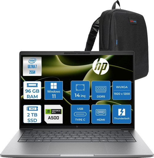 Zbook 8 G1I Intel Core Ultra 7 255H 96GB Ddr5 2tb SSD 4GB/RTXA500 14" Wuxga Düşük Mavi Işık 300NIT %62,5 Srgb Windows 11 Pro Taşınabilir Iş Istasyonu B30HBESP23 + Zettaçanta