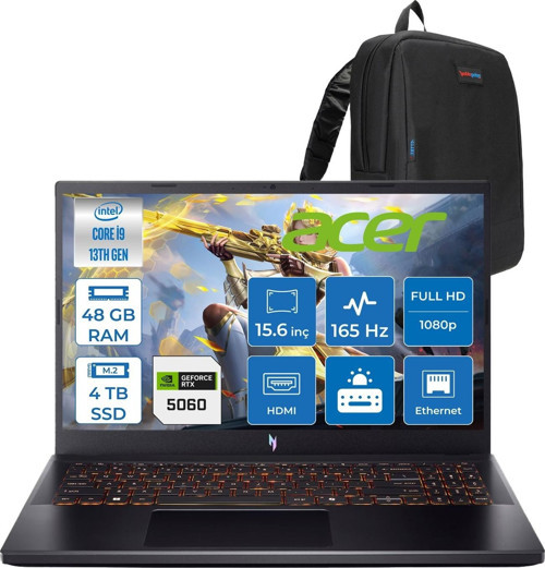Nitro V15 ANV15-52-91EQ Intel Core I9 13900H 48GB 4tb SSD RTX5060 8gb Freedos 15,6" Fullhd (1920 x 1080) 165HZ IPS 300NIT Taşınabilir Bilgisayar NHQZAEYF30 + Zetta Çanta