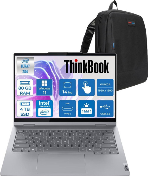 Thinkbook 14 2-In-1 G5 Iau Intel Core Ultra 7 255U 80GB Ddr5 4tb SSD Windows 11 Home Dokunmatik 14 Inç Wuxga (1920 x 1200) IPS 300NITS NP21SQ002TTXH47 + Zetta Çanta