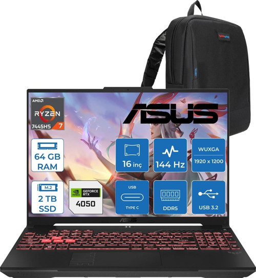 Tuf Gaming A16 (FA607NUG-GAMING) Amd Ryzen™ 7 7445HS 64GB Ddr5 2tb SSD RTX4050/6GB 140W 16-Inch, Fhd+ 16:10 (1920 x 1200, Wuxga) 144Hz IPS Freedos Taşınabilir Bilgisayar RL125F24+ZETTAÇANTA