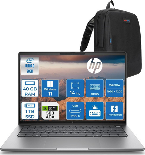 Zbook 8 G1I Ultra 9 285H 40GB Ddr5 1tb SSD 4GB/RTXA500 14" Wuxga 300 Nit Windows 11 Pro Taşınabilir Iş Istasyonu B30HPESP14 + Zettaçanta