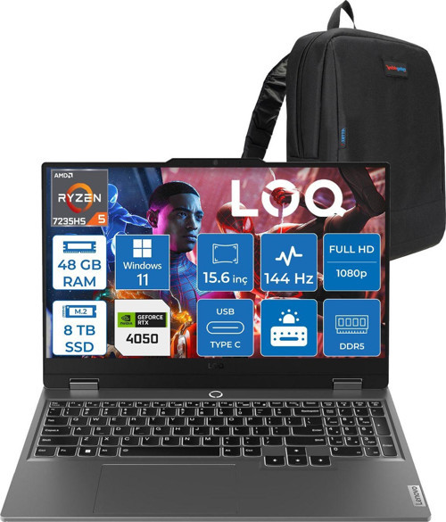 Loq 15ARP9 Amd Ryzen 5 7235HS 48GB Ddr5 8tb SSD Windows 11 Pro RTX4050 6gb 105W 15.6" Fhd (1920X1080) IPS 300NITS 144Hz Gaming Laptop 83JC00H4TRP35 + Zetta Çanta