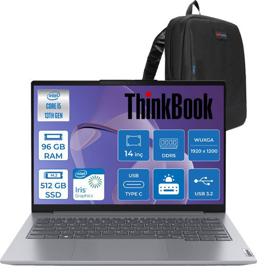 Thinkbook 14 G6 Irl Intel Core I5 1335U 96GB Ddr5 512GB SSD Intel Iris Xe Graphics 14" Wuxga IPS 300NITS Windows 11 Pro Taşınabilir Bilgisayar 21KG00Y5TRP21 + Zettaçanta