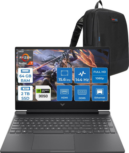 Victus Gaming Amd Ryzen 7-7445HS 64GB Ddr5 2tb SSD Rtx 3050/4GB 15.6" Fhd (1920 x 1080), 144 Hz, Ips, 300 Nits Freedos Gaming Bilgisayar WBX9V1EAF24+ZETTAÇANTA