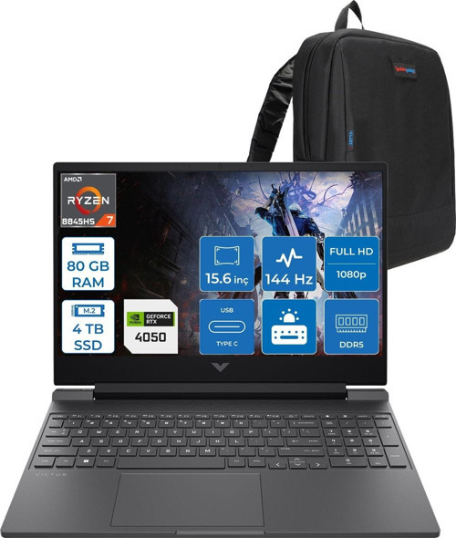 Victus 15-FB3706NT Amd Ryzen 7 8845HS 80GB Ddr5 4tb SSD 6GB/RTX4050/75W 15.6" Fhd IPS 144Hz Windows 11 Home Taşınabilir Bilgisayar B9KM3EAH24 + Zettaçanta