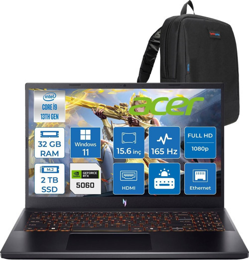 Nitro V15 ANV15-52-91EQ Intel Core I9 13900H 32GB 2tb SSD RTX5060 8gb Windows 11 Home 15,6" Fullhd (1920 x 1080) 165HZ IPS 300NIT Taşınabilir Bilgisayar NHQZAEYH19 + Zetta Çanta