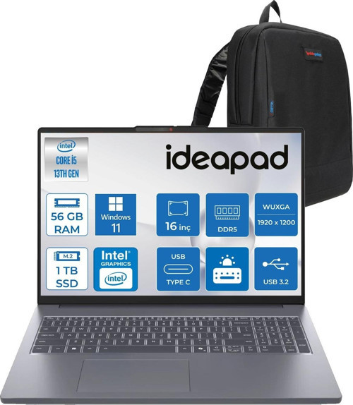 Ideapad Slim 3 16IRH10 Intel Core I5 13420H 56GB 1tb SSD Windows 11 Pro 16" Wuxga (1920X1200) IPS 300NITS Taşınabilir Bilgisayar IP83K20077TRP15 + Zetta Çanta