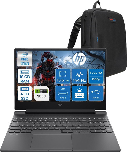 Victus 15-FA2704NT Intel Core I5 13420H 16GB 4tb SSD RTX3050 6gb Freedos 15,6" Fullhd (1920 x 1080) 144 Hz IPS 300NIT Taşınabilir Bilgisayar B7TG9EAF10 + Zetta Çanta