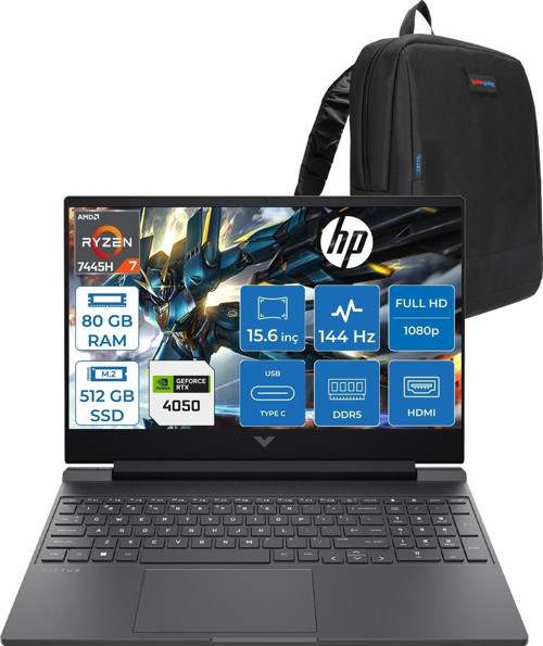 Victus Gaming Amd Ryzen 7-7445HS 80GB Ddr5 512GB SSD Rtx RTX4050/6GB 15.6" Fhd (1920 x 1080), 144 Hz, Ips, 300 Nits Freedos Gaming Bilgisayar WBX9U9EAF27+ZETTAÇANTA