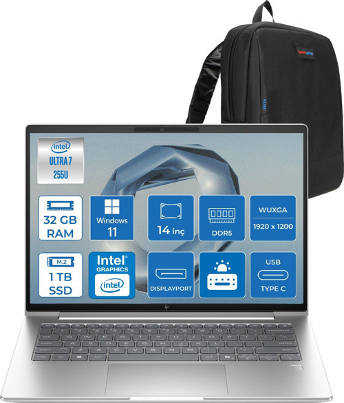 Elitebook 6 G1I Intel® Core Ultra 7 255U 32GB Ddr5 1tb SSD 14" Wuxga (1920 x 1200), IPS 400 Nits WIN11HOME Taşınabilir Bilgisayar C9XW2ETH08+ZETTAÇANTA