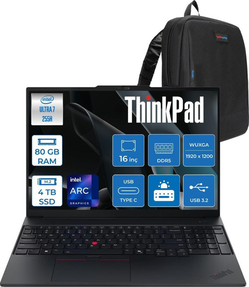 Thinkpad E16 Gen 3 Intel Core Ultra 7 255H 80GB Ddr5 4tb SSD Freedos Intel Arc 140T 16 Inç Wuxga (1920 x 1200) IPS 300NITS Taşınabilir Bilgisayar 21SR006RTXF35 + Zetta Çanta