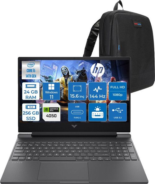 Victus 15-WFA2023NT Intel Core I5 14450HX 24GB Ddr5 256GB SSD RTX4050 6gb 15.6" IPS Fhd (1920 x 1080) 144HZ 300NIT Windows 11 Pro Taşınabilir Bilgisayar BY2K1EAP06 + Zetta Çanta