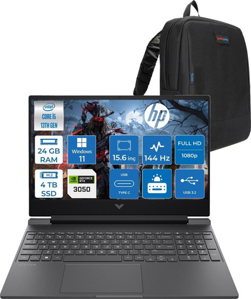 Victus 15-FA2704NT Intel Core I5 13420H 24GB 4tb SSD RTX3050 6gb Windows 11 Home 15,6" Fullhd (1920 x 1080) 144 Hz IPS 300NIT Taşınabilir Bilgisayar B7TG9EAH15 + Zetta Çanta