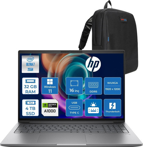 Zbook x G1I Ultra 7 255H 32GB Ddr5 4tb SSD 8GB/RTXPRO1000 16" Wuxga Düşük Mavi Işık 400NIT %100 Srgb Windows 11 Pro Taşınabilir Iş Istasyonu B30HLESP12 + Zettaçanta