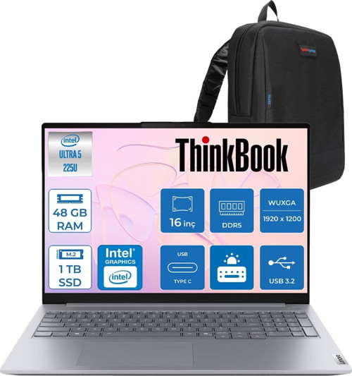 Thinkbook 16 Gen 8 Ial Intel Core Ultra 5 225U 48GB Ddr5 1tb SSD Freedos Intel Aı Boost 16 Inç Wuxga (1920 x 1200) IPS 300NITS Taşınabilir Bilgisayar 21SK007VTXF31 + Zetta Çanta