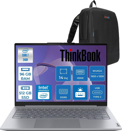 Thinkbook 14 G8 Irl Intel Core 7 240H 96GB Ddr5 512GB SSD Intel Graphics 14" Wuxga IPS 300NITS 60Hz Windows 11 Pro Taşınabilir Bilgisayar 21SG008LTXP21 + Zettaçanta