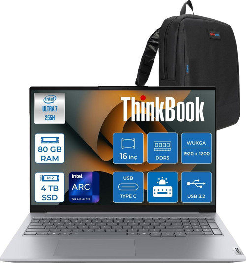 Thinkbook 16 Gen 8 Ial Intel Core Ultra 7 255H 80GB Ddr5 4tb SSD Freedos Intel Arc 140T 16 Inç Wuxga (1920 x 1200) IPS 300NITS Taşınabilir Bilgisayar 21SK007UTXF47 + Zetta Çanta