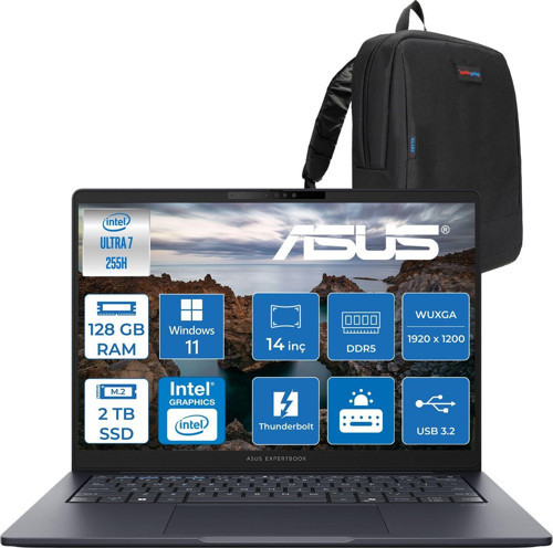 Expertbook B5 B5405CCA-U716512B1D Intel® Core™ Ultra 7 255H Aı 128GB Ddr5 2tb SSD Intel® Arc™ Graphics 14"inç Wuxga (1920X1200) IPS 300NITS WIN11PRO Taşınabilir Bilgisayar B5405CCAP34+ZETTAÇANTA