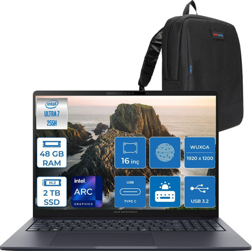 Expertbook B5 B5605CCA-U716512B1D Intel® Core™ Ultra 7 255H Aı 48GB Ddr5 2tb SSD Intel® Arc™ Graphics 16" Wuxga (1920X1200) IPS 300NITS Freedos Taşınabilir Bilgisayar B5605CCAF14+ZETTAÇANTA