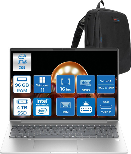 Elitebook 6 G1I Intel® Core Ultra 5 225U 96GB Ddr5 4tb SSD 16" Wuxga (1920X1200) IPS 300NIT WIN11PRO Taşınabilir Bilgisayar AD4G3ETP30+ZETTAÇANTA