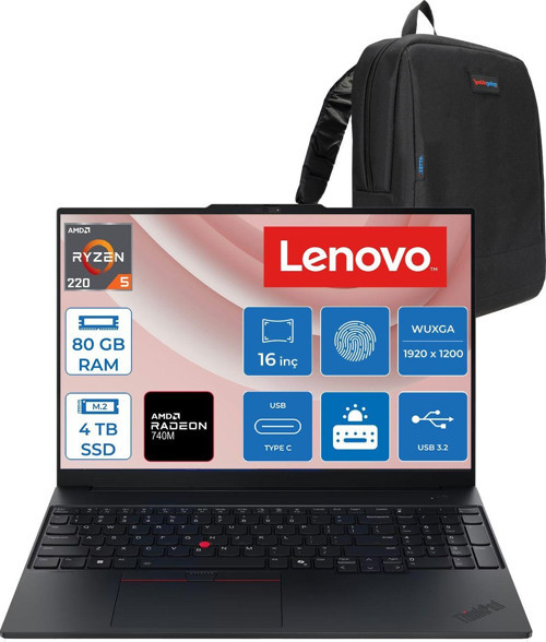 Thinkpad E16 Gen3 Amd Ryzen 5 220 4.9ghz 80GB 4tb SSD Amd Radeon 740M 16" Wuxga IPS 300NITS Windows 11 Pro Kurumsal Iş Bilgisayarı 21ST0058TXP28 + Zettaçanta