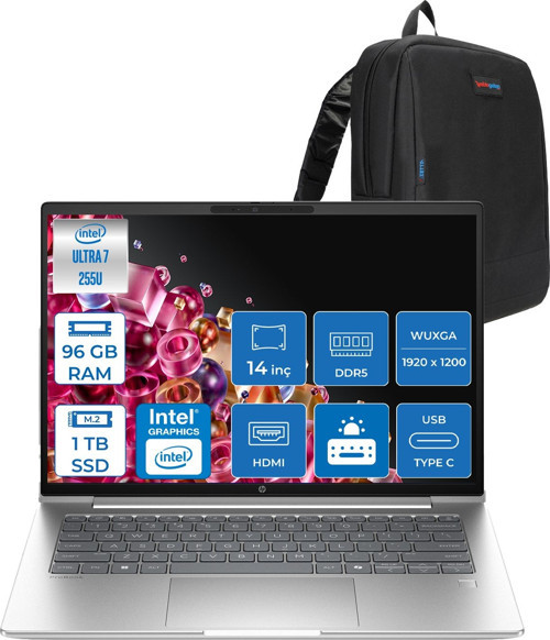 Probook 4 G1I Intel® Core Ultra 7 255U 96GB Ddr5 1tb SSD 14" Wuxga (1920 x 1200), IPS 300 Nits Freedos Taşınabilir Bilgisayar C9FH1ETF28+ZETTAÇANTA