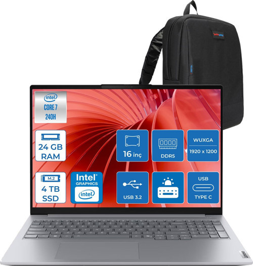 Thinkbook 16 G8 Irl Intel Core 7 240H 24GB Ddr5 4tb SSD Intel Iris Xe Graphics 16" Wuxga IPS 300NITS 60Hz Windows 11 Home Taşınabilir Bilgisayar 21SH009GTXH08 + Zettaçanta