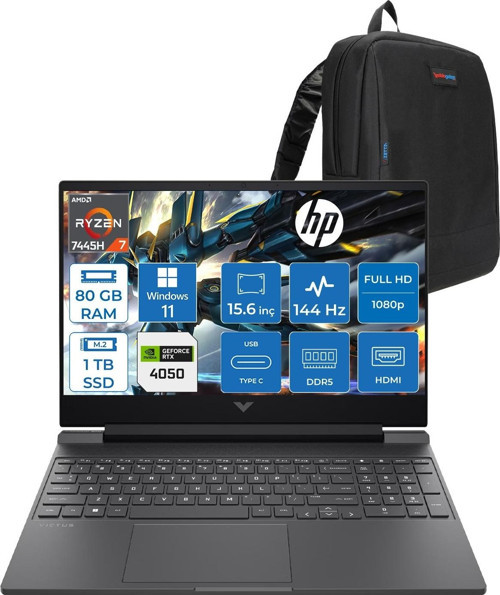 Victus Gaming Amd Ryzen 7-7445HS 80GB Ddr5 1tb SSD Rtx RTX4050/6GB 15.6" Fhd (1920 x 1080), 144 Hz, Ips, 300 Nits WIN11PRO Gaming Bilgisayar WBX9U9EAF28+ZETTAÇANTA