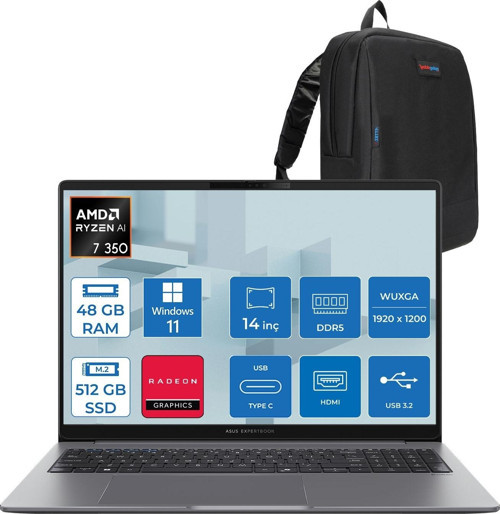 Expertbook P3 PM3406CKA Ryzen Aı 7-350 48GB Ddr5 512GB SSD Radeon 860M 14.0-Inch, Wuxga (1920 x 1200) 300NITS Windows 11 Pro Taşınabilir Bilgisayar PM3406CKAP12+ZETTAÇANTA