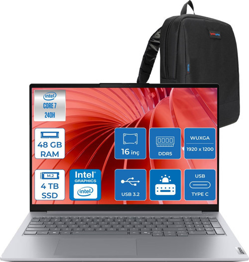 Thinkbook 16 G8 Irl Intel Core 7 240H 48GB Ddr5 4tb SSD Intel Iris Xe Graphics 16" Wuxga IPS 300NITS 60Hz Windows 11 Home Taşınabilir Bilgisayar 21SH009GTXH20 + Zettaçanta