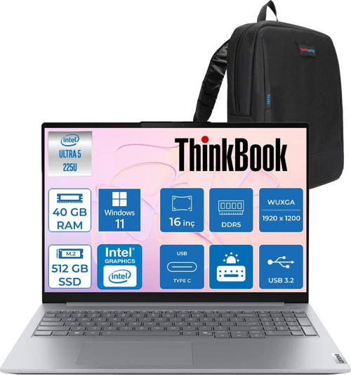 Thinkbook 16 Gen 8 Ial Intel Core Ultra 5 225U 40GB Ddr5 512GB SSD Windows 11 Home Intel Aı Boost 16 Inç Wuxga (1920 x 1200) IPS 300NITS Taşınabilir Bilgisayar 21SK007VTXH23 + Zetta Çanta