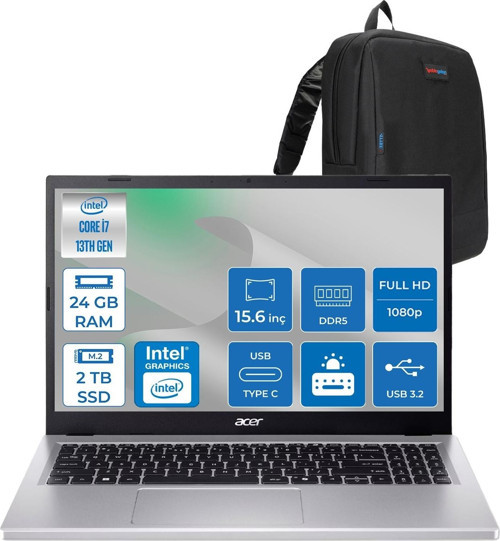 Acer Aspire Go 15 Intel Core I7-13620H Ddr5 24GB 2tb SSD Freedos Intel UHD Graphics 15,6" Fhd (1920 x 1080) IPS Taşınabilir Bilgisayar NXJ6SEY001F09 + Zetta Çanta
