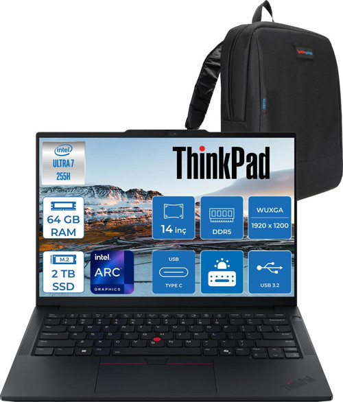 Thinkpad E14 Gen 7 Intel Core Ultra 7 255H Aı 64GB Ddr5 2tb SSD Intel® Arc™ 140T 14" Wuxga (1920X1200) IPS 300NITS IPS Freedos Taşınabilir BILG.T21SX007CTXF19+ZETTAÇANTA