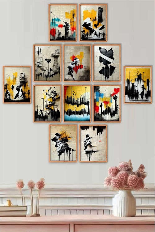 12 Parça Masif Çerçeve Görünümlü Modern Graffiti Sanatsal Tablo Seti