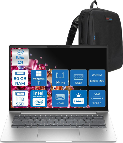 Probook 4 G1I Intel® Core Ultra 7 255U 80GB Ddr5 1tb SSD 14" Wuxga (1920 x 1200), IPS 300 Nits WIN11HOME Taşınabilir Bilgisayar C9FH1ETH23+ZETTAÇANTA