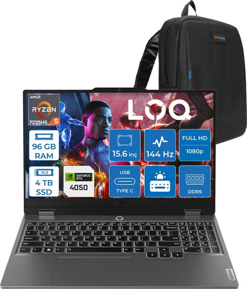 Loq 15ARP9 Amd Ryzen 5 7235HS 96GB Ddr5 4tb SSD Freedos RTX4050 6gb 105W 15.6" Fhd (1920X1080) IPS 300NITS 144Hz Gaming Laptop 83JC00H4TRF54 + Zetta Çanta