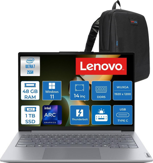 Thinkbook 14 Gen8 Ial Intel Core Ultra 7 255H 5.1ghz 48GB Ddr5 1tb SSD Windows 11 Pro Intel Arc 140T 14 Inç Wuxga (1920 x 1200) IPS 300NITS Taşınabilir Bilgisayar 21SJ007ATXP31 + Zetta Çanta